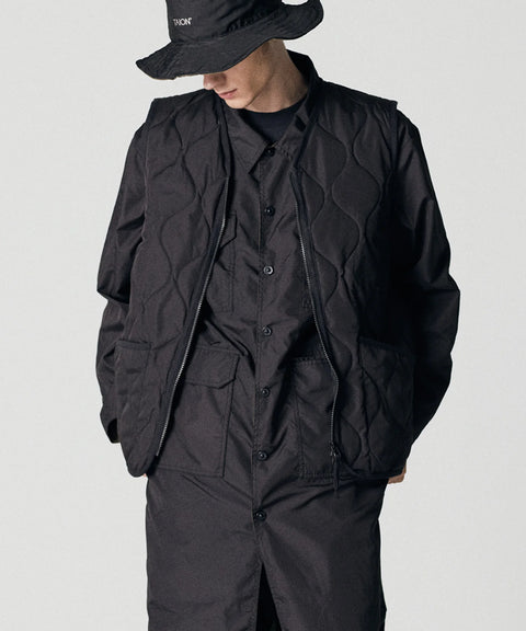 Military Zip V-Neck Down Vest - Black
