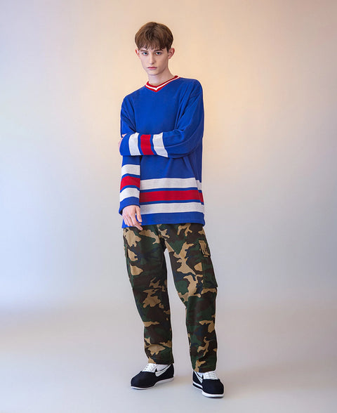 V-Neck Knit Football Sweater - Blue