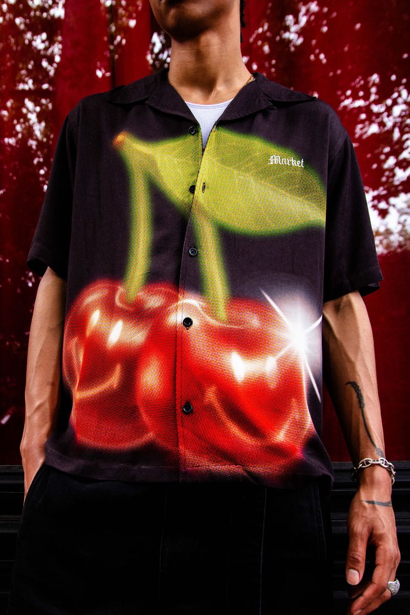 Smiley Cherries Button-Up Shirt - Black