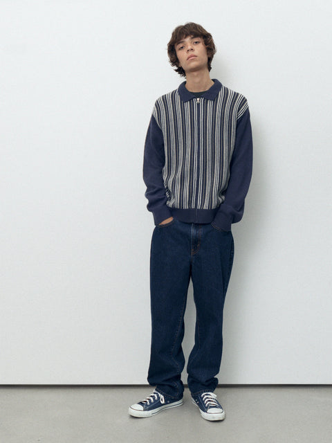 Striped Knit Zip Cardigan - Navy