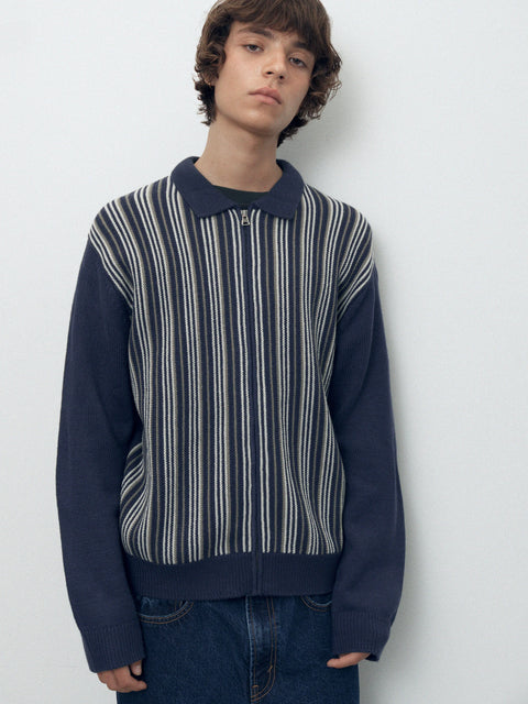 Striped Knit Zip Cardigan - Navy