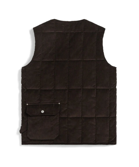 Work V-Neck Button Corduroy Down Vest - Dark Brown