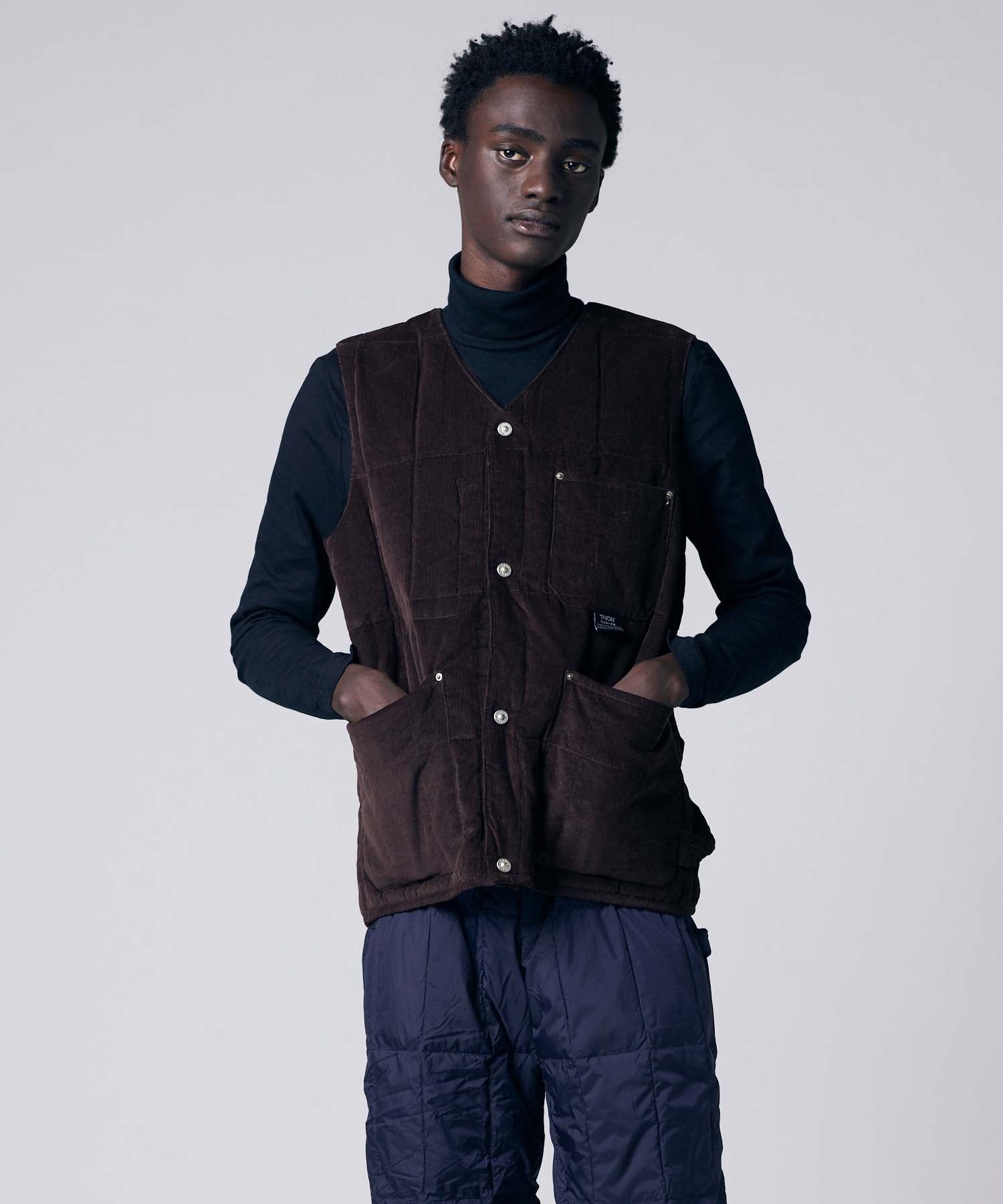 Taion | Drop Out Store | Work V-Neck Button Corduroy Down Vest - Brown