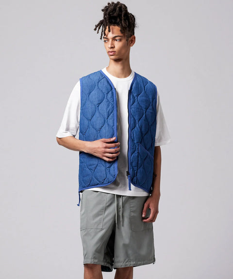 Hard Shell Military V-Neck W-Zip Down Vest - Indigo Denim