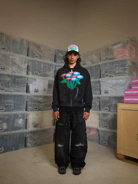 Spray Flower Zip Up Hoodie - Black