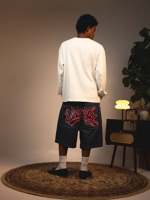 Pinstripe Denim Shorts - Navy