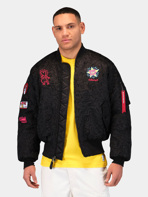 Keith Haring x Alpha MA-1 All Over Embroidery Flight Jacket - Black