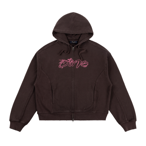 Distressed Terry Zip Hoodie - Acid Brown