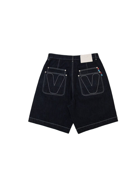 Contrast Raw Denim Shorts - Dark Blue