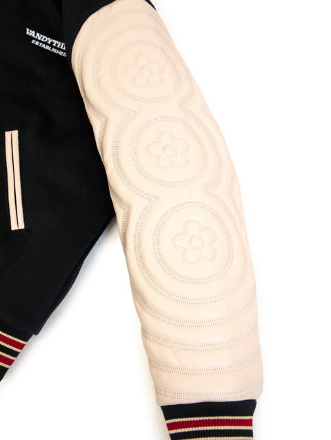 Puff Sleeve Varsity Jacket - Black/Beige