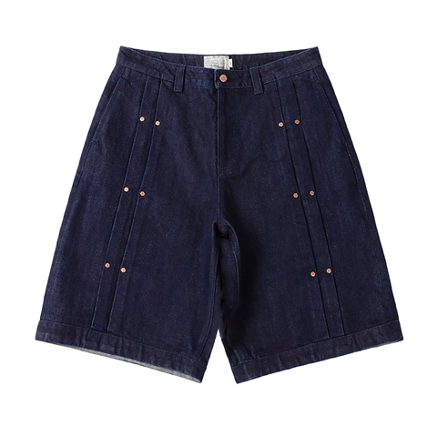 Pleated Baggy Denim Shorts - Indigo