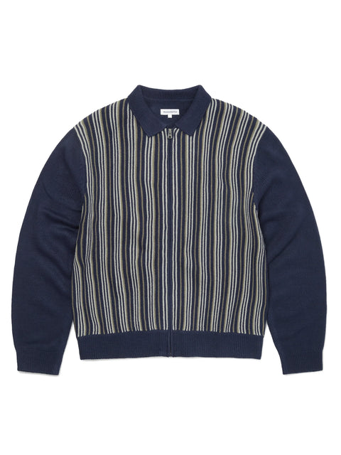 Striped Knit Zip Cardigan - Navy