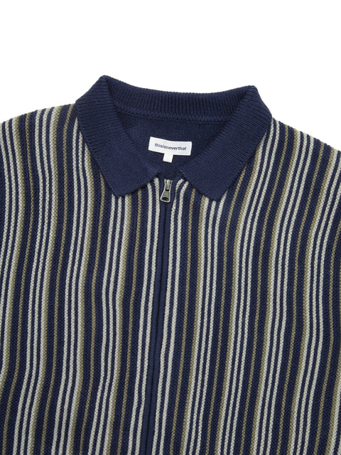 Striped Knit Zip Cardigan - Navy