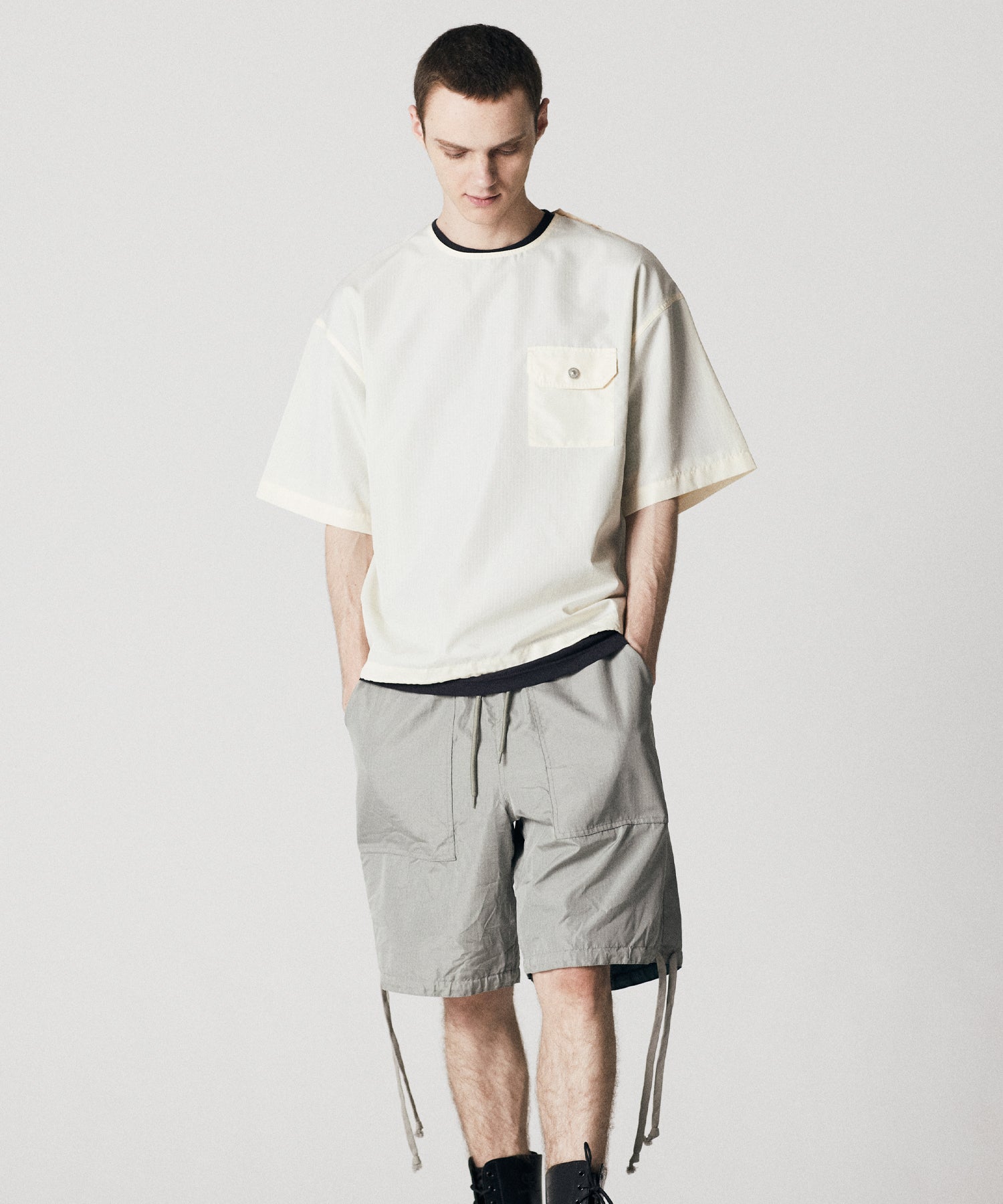 Non-Down Military Half-Sleeve Cut & Sew T-Shirt - Off-White