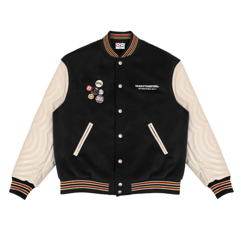 Puff Sleeve Varsity Jacket - Black/Beige