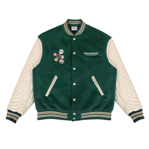 Puff Sleeve Varsity Jacket - Green/Beige