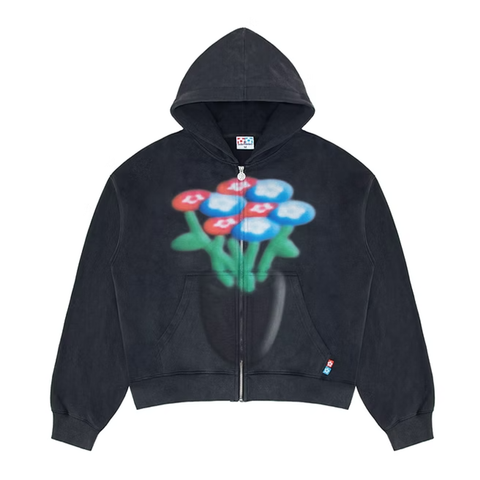 Spray Flower Zip Up Hoodie - Black
