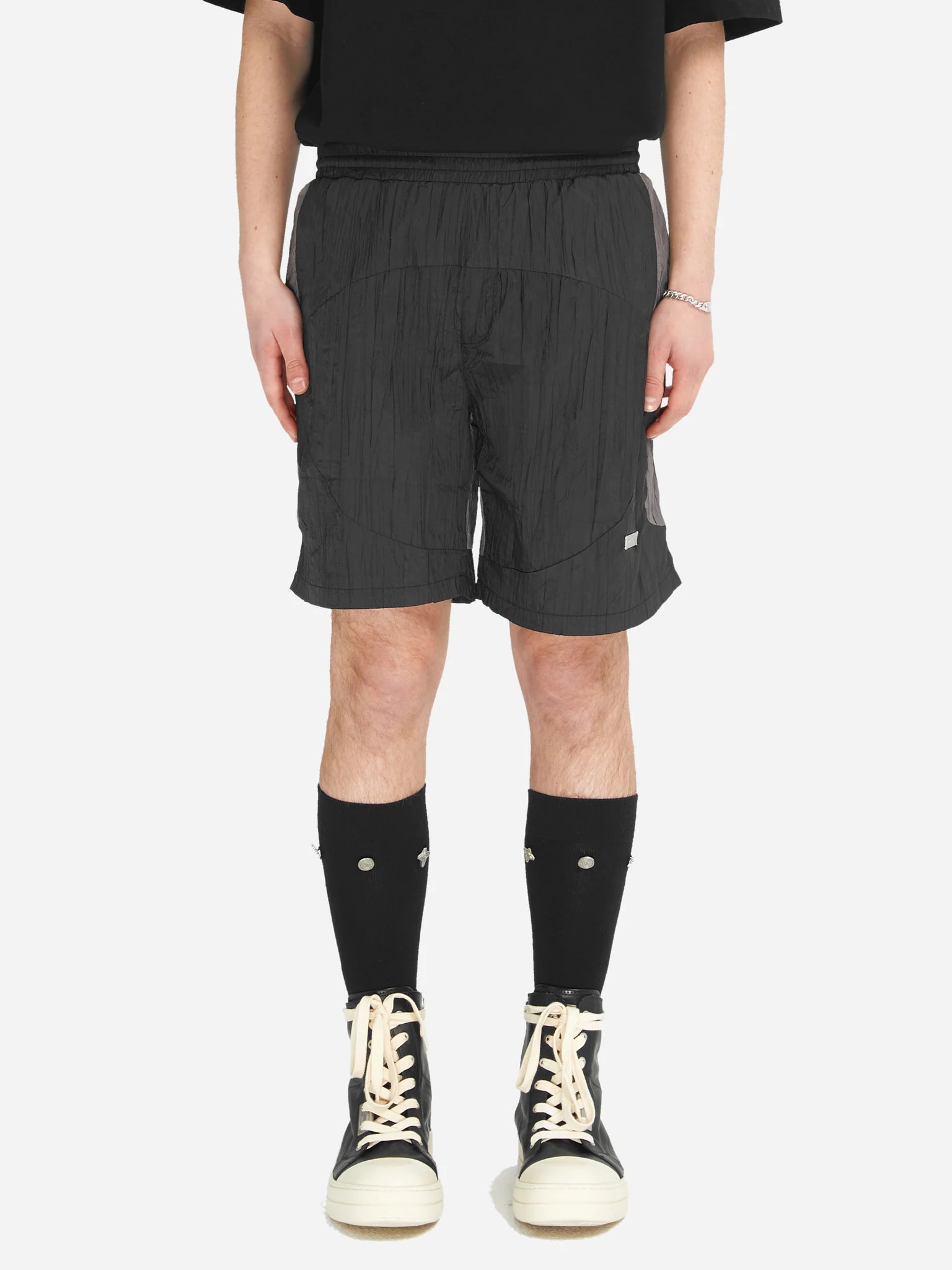 Wrinkled Nylon Track Shorts - Black/Silver